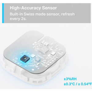 TP-Link Tapo T310 smart sensor device showing white square housing with blue-highlighted Swiss-made sensor chip, displaying accuracy specifications of ±3% RH and ±0.3°C temperature tolerance, with visible circuit board components and 2-second refresh rate indicator