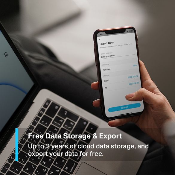 Hand holding smartphone displaying Export Data screen with email input fields and date range selection, positioned above laptop keyboard, with text overlay describing free cloud data storage and export features for TP-Link Tapo smart sensor