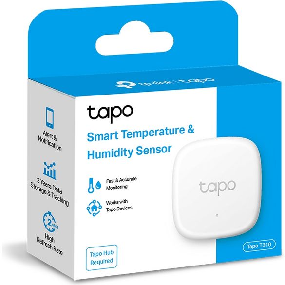 TP-Link Tapo T310 Smart Temperature and Humidity Sensor in white packaging box with product features listed and white square sensor device shown on right side