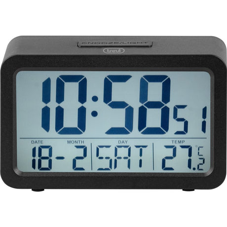 Trevi black digital alarm clock with large blue LCD display showing time 10:59, date 18-25 and temperature 21.2 degrees Celsius, featuring snooze/light button on top