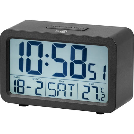 Black digital alarm clock with large LCD display showing time 10:50:05, date 18-2, day Saturday and temperature 27.5 degrees Celsius