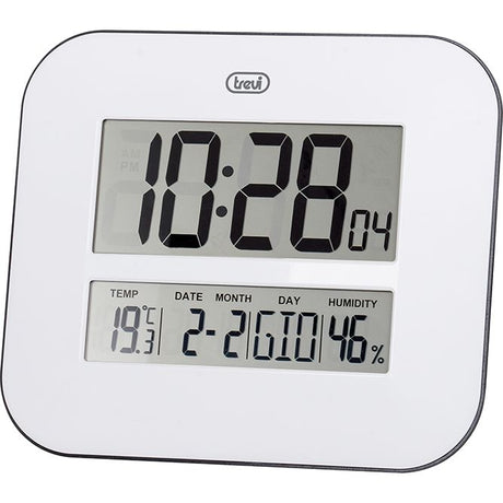 Trevi large display digital wall clock in white showing time 10:28, temperature 19.3°C, date 2-2, day MON and humidity 46%