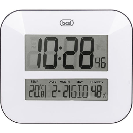 Trevi white digital wall clock with large display showing time 10:28, temperature 20.8°C, date 2-26, and humidity 48%