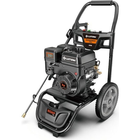 Black petrol-powered pressure washer with 7hp engine mounted on wheeled frame, featuring orange and gray accents, push handle, and attached spray wand hose