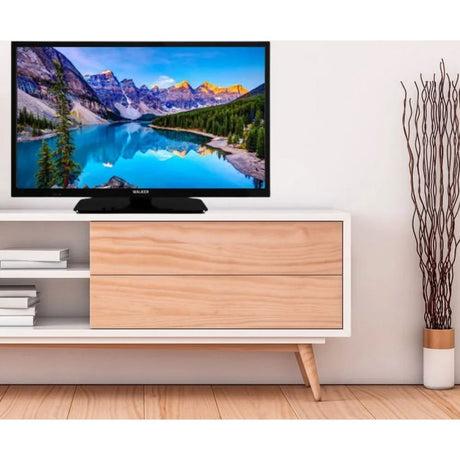 Walker 24 inch HD television with black frame displaying mountain lake landscape, mounted on white and natural wood TV stand with drawers in modern living room setting beside decorative plant vase