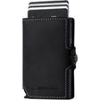 Black leather RFID blocking card wallet by Wallet Junkie with white stitching, metal slide mechanism, and capacity for up to 9 cards, shown with cards fanned in top pocket