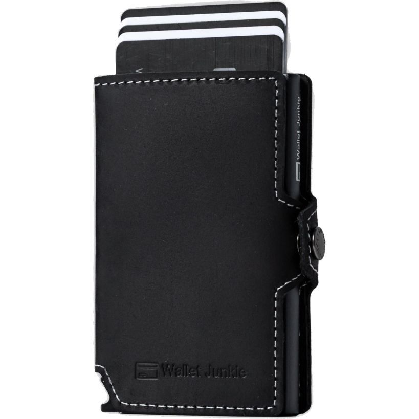 Black leather RFID blocking card wallet by Wallet Junkie with white stitching, metal slide mechanism, and capacity for up to 9 cards, shown with cards fanned in top pocket