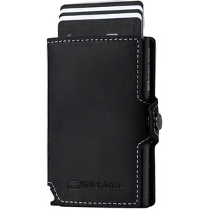 Black leather RFID blocking card wallet by Wallet Junkie with white stitching, metal slide mechanism, and capacity for up to 9 cards, shown with cards fanned in top pocket