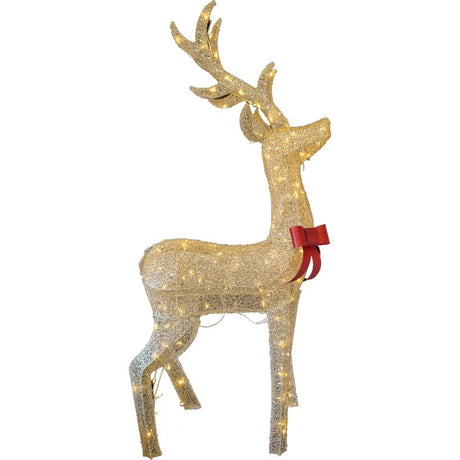 Gold glitter reindeer decoration with LED warm white lights, moving head, and red ribbon bow around neck, isolated on white background