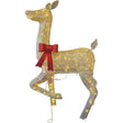 Gold glittery decorative reindeer doe with LED lights, shaking head feature, red bow, and warm white accents for Christmas outdoor display