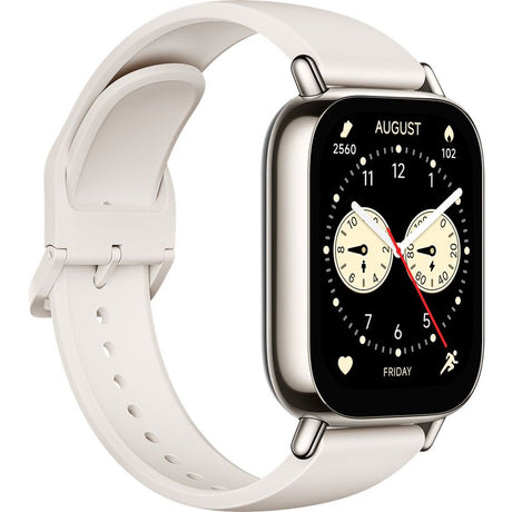 Xiaomi Redmi Watch 5 Lite smartwatch in light gold with white silicone band showing dual dial watch face displaying August 2560 date and Friday, featuring heart rate monitor and activity tracker icons