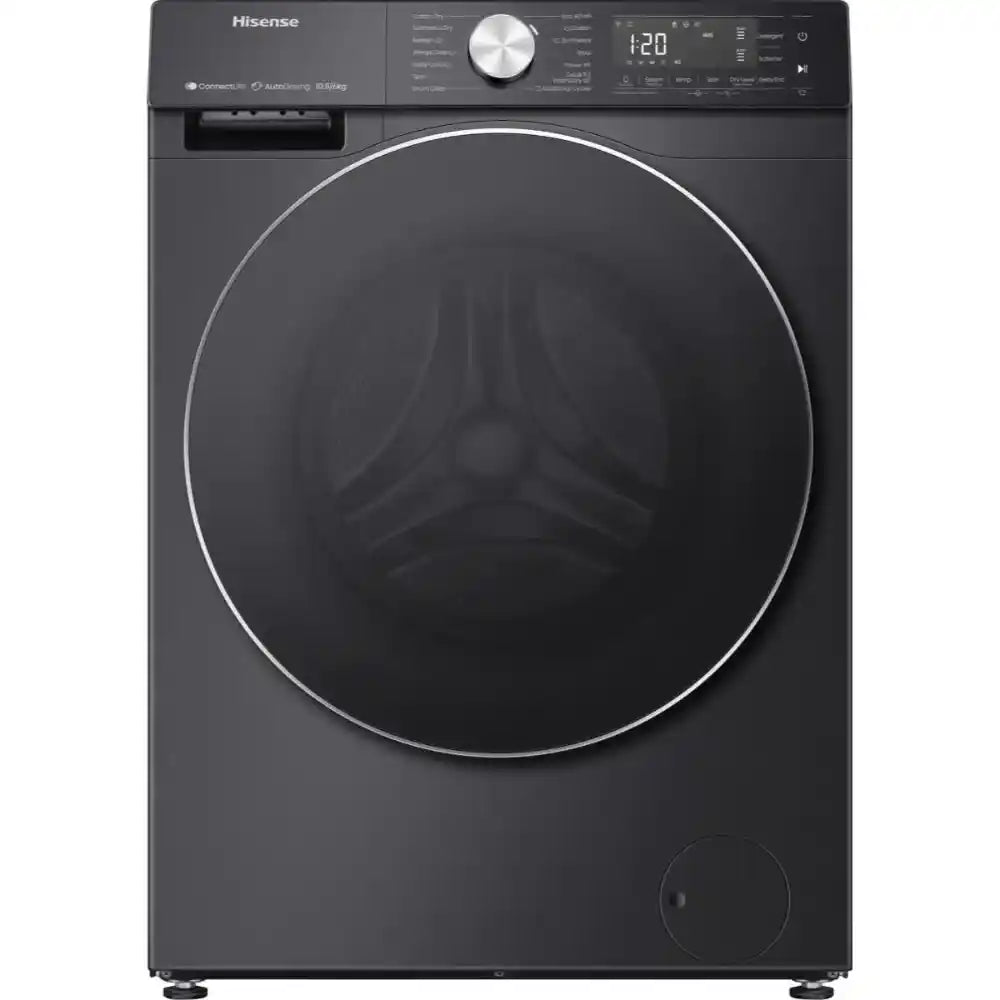 Hisense 10.5kg washing machine with 1400 spin speed in black finish featuring autodose technology, digital display showing 1:20 time, large circular dark glass door with chrome trim, and control knob on top panel