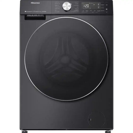 Hisense 10.5kg washing machine with 1400 spin speed in black finish featuring autodose technology, digital display showing 1:20 time, large circular dark glass door with chrome trim, and control knob on top panel