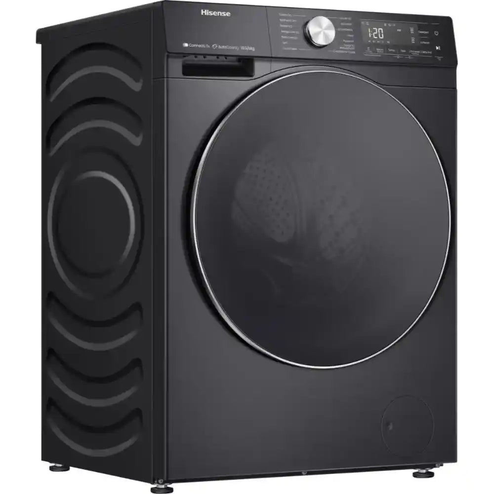 Hisense WF5S1045BB black washing machine with 10.5kg capacity, 1400 spin speed, front-load design, digital display showing 1:20 time, large circular door, and wavy pattern detail on left side