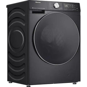 Hisense WF5S1045BB black washing machine with 10.5kg capacity, 1400 spin speed, front-load design, digital display showing 1:20 time, large circular door, and wavy pattern detail on left side