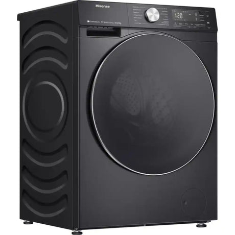 Hisense WF5S1045BB black washing machine with 10.5kg capacity, 1400 spin speed, front-load design, digital display showing 1:20 time, large circular door, and wavy pattern detail on left side
