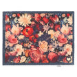 Hug Rug floral runner mat 65cm x 150cm featuring vibrant red, pink, cream and yellow flowers on dark navy blue background with natural jute backing