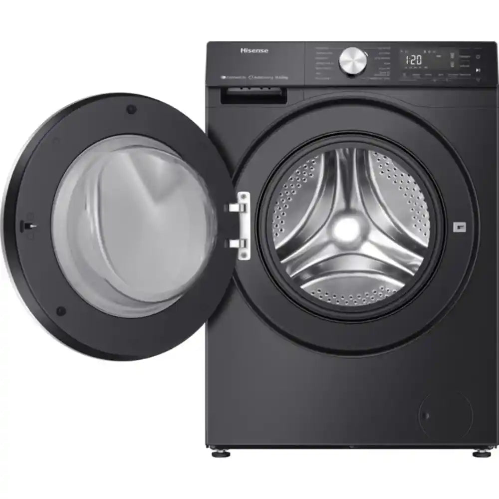 Hisense 10.5kg black front-load washing machine with 1400 spin speed, featuring autodose technology, digital display showing 120 minutes, open door revealing stainless steel drum with three-blade agitator design