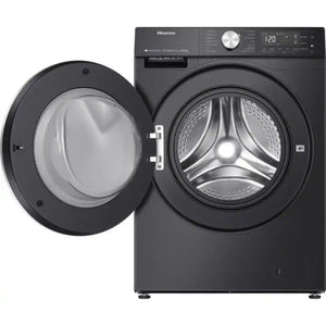 Hisense 10.5kg black front-load washing machine with 1400 spin speed, featuring autodose technology, digital display showing 120 minutes, open door revealing stainless steel drum with three-blade agitator design