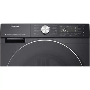 Hisense black 10.5kg washing machine with 1400 spin speed, digital display showing 1:20, large circular dark door, metallic control dial and buttons on top control panel, AutoDose and ConnectLife features visible