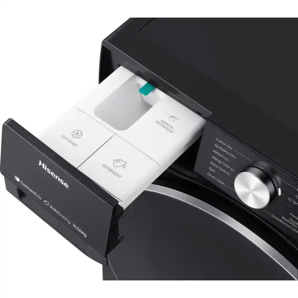 Hisense 10.5kg black washing machine with open detergent dispenser drawer showing white softener and detergent compartments with teal accent, control dial visible on right side