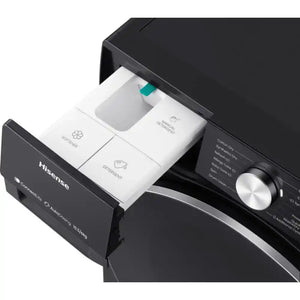 Hisense 10.5kg black washing machine with open detergent dispenser drawer showing white softener and detergent compartments with teal accent, control dial visible on right side