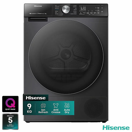 Black Hisense dryer with digital display on a white background