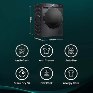 Black washing machine with features on a dark green background