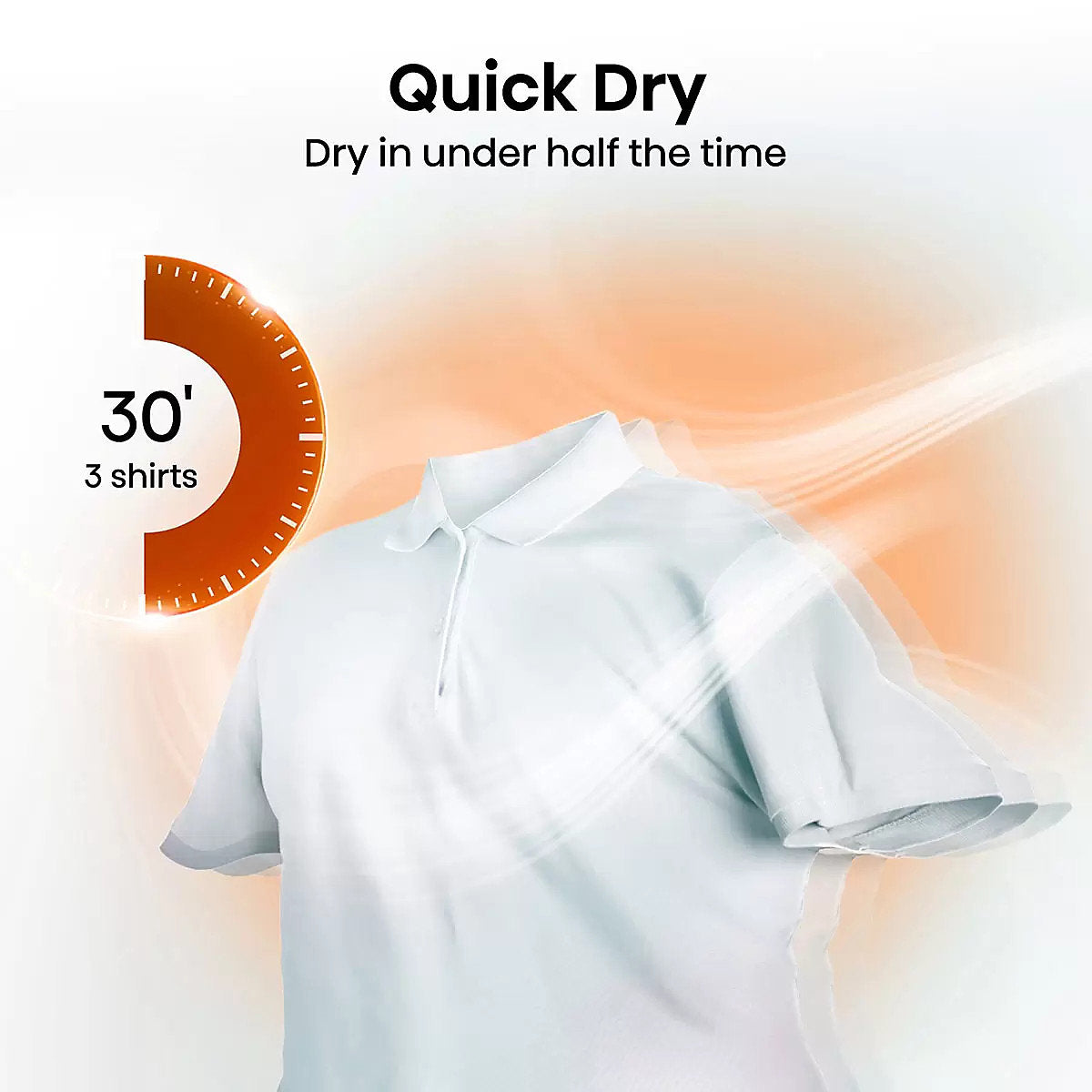 White polo shirt with quick dry feature text and timer graphic on a white background