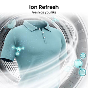 Light blue polo shirt inside a washing machine with 'Ion Refresh' text and graphics.