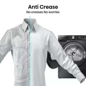 White shirt with text 'Anti Crease No creases No worries' next to a washing machine.