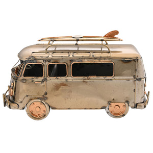 Vintage metal campervan ornament with brushed bronze and copper finish, featuring detailed windows, roof rack with surfboard, and weathered patina effect
