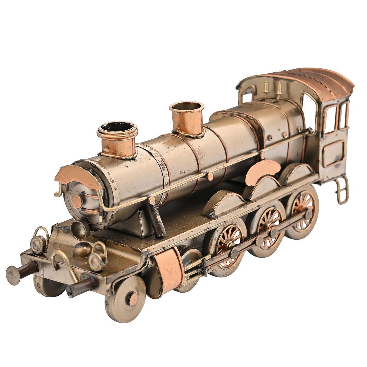 Vintage-style steam locomotive ornament made of brushed copper and bronze metal with detailed boiler, smokestack, cabin and wheels against white background