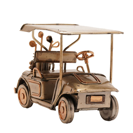Metallic golf cart model with golf clubs on a white background