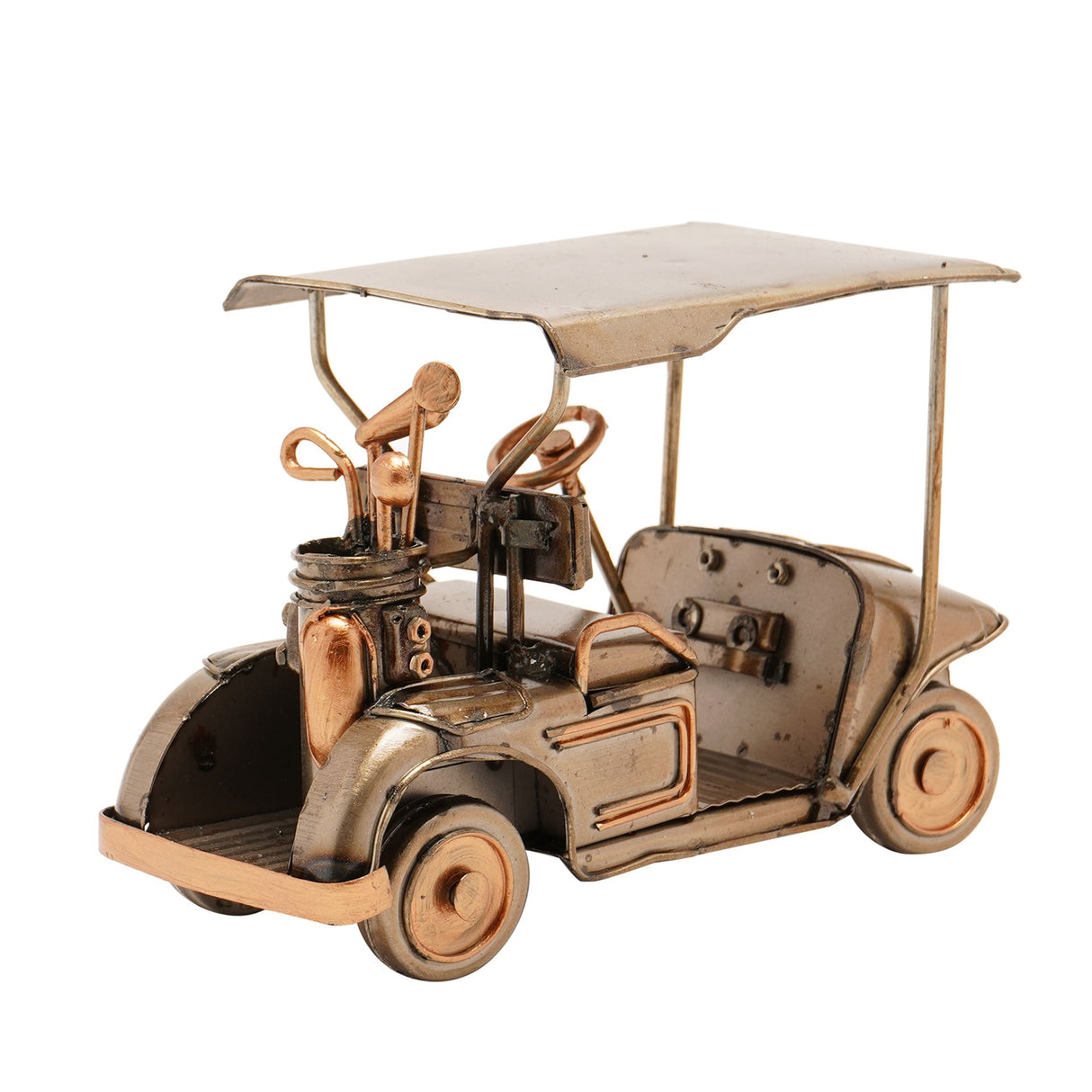 Handcrafted wooden and metal golf buggy ornament with natural wood wheels and copper accents, featuring a canopy top and golf clubs, displayed against white background