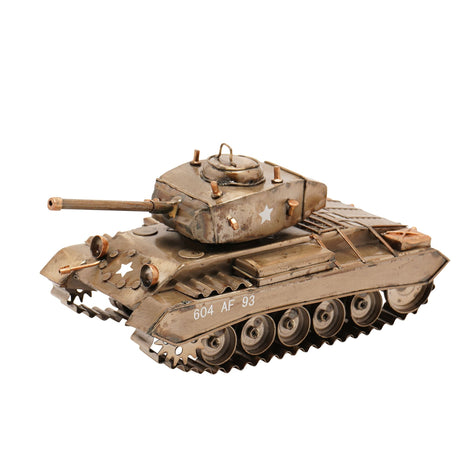 Detailed bronze-colored metal tank ornament featuring turret with gun barrel, tracked treads, and military markings including "604 AF 93" and white star insignia, displayed against white background