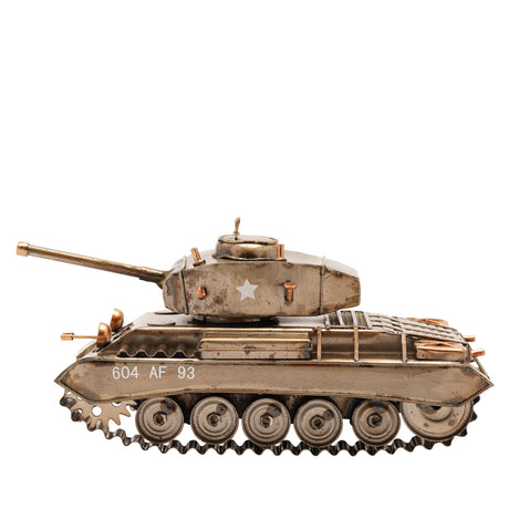 Detailed bronze metallic tank ornament model featuring rotating turret with star insignia, barrel gun, five road wheels with track treads, and military markings 604 AF 93 on side, isolated on white background