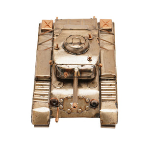 Top-down view of a bronze-colored metal tank ornament with tracked treads, detailed turret, and copper accents on a white background