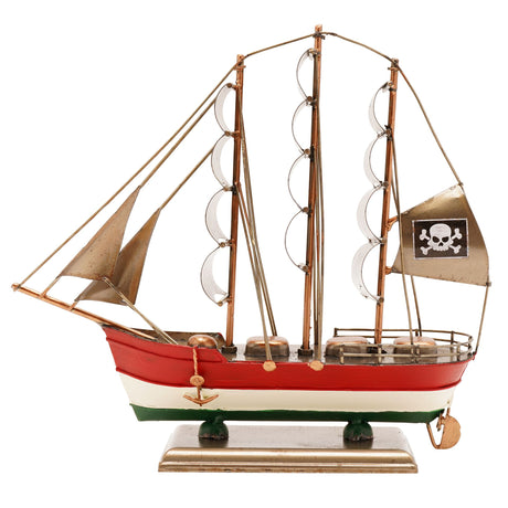 Decorative model pirate ship with red white and green striped hull, three wooden masts with tan sails, brass fittings, skull and crossbones flag, and circular porthole details, mounted on brass base