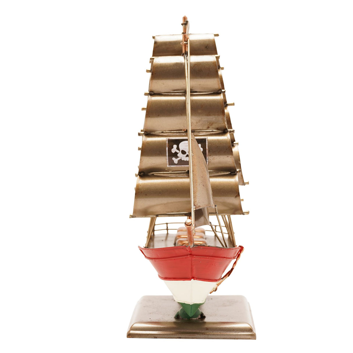 Brass clipper boat ornament with red, white and green painted hull on metal stand, featuring tan canvas sails and small window detail