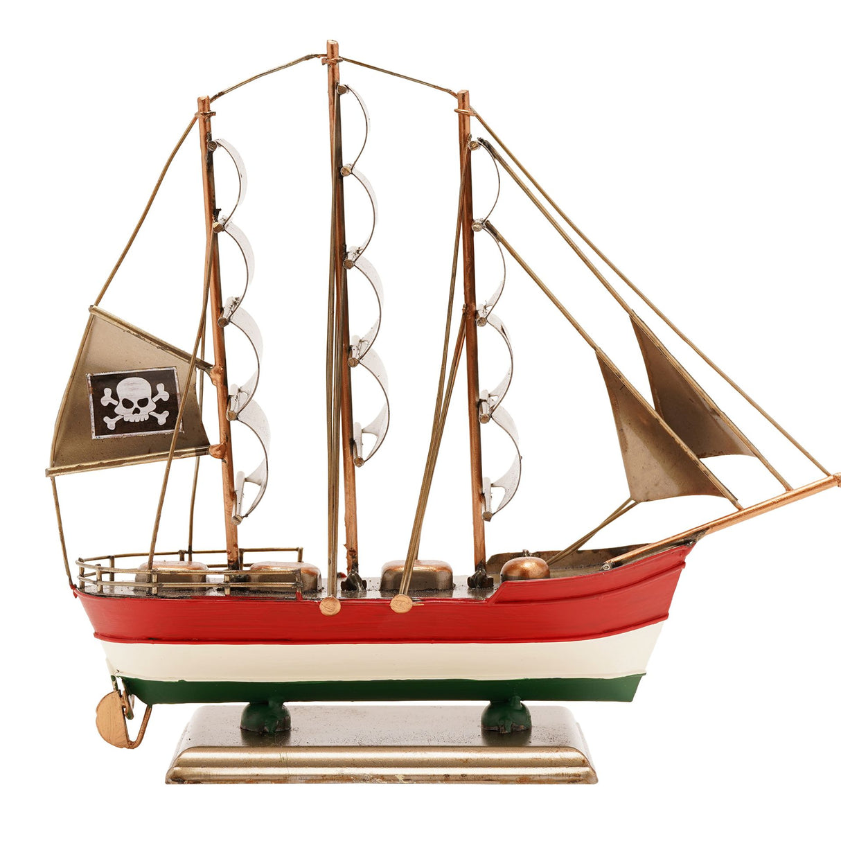 Decorative wooden clipper ship model with red white and green hull, three masts with tan canvas sails, skull and crossbones pirate flag, brass fittings and green wooden stand base