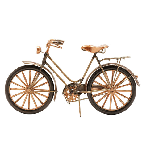 Vintage-style decorative bicycle ornament with copper and bronze metal frame, black tires, leather saddle and handlebar grips, featuring detailed spoked wheels and classic step-through design