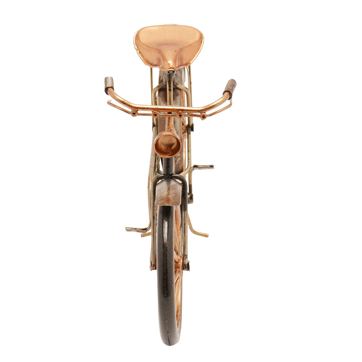 Vintage-style decorative bicycle ornament with copper and bronze patina finish, featuring a saddle seat, curved handlebars with wooden grips, and a single wheel, displayed against a white background