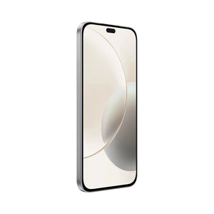 Honor 50 Lite 5G smartphone in Velvet Grey displaying home screen with minimalist curved design wallpaper and pill-shaped notch camera, shown at slight angle against white background