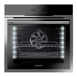 Hoover HOAZ7173INWF/E stainless steel built-in single oven with WiFi connectivity, featuring interior convection fan, LED lighting on sides, digital display showing 07:39, and chrome handle on black glass door