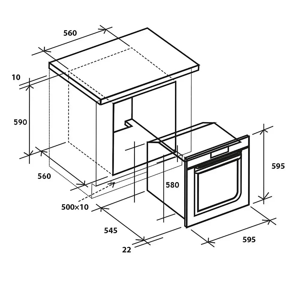 Technical specification diagram of Hoover HOAZ7173INWF/E built-in single oven showing dimensions in millimeters, stainless steel finish with black trim, WiFi-enabled multifunction oven with cavity measurements of 560x560x590mm and external dimensions of 595x595mm, isometric view with detailed measurements