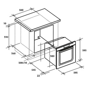 Technical specification diagram of Hoover HOAZ7173INWF/E built-in single oven showing dimensions in millimeters, stainless steel finish with black trim, WiFi-enabled multifunction oven with cavity measurements of 560x560x590mm and external dimensions of 595x595mm, isometric view with detailed measurements