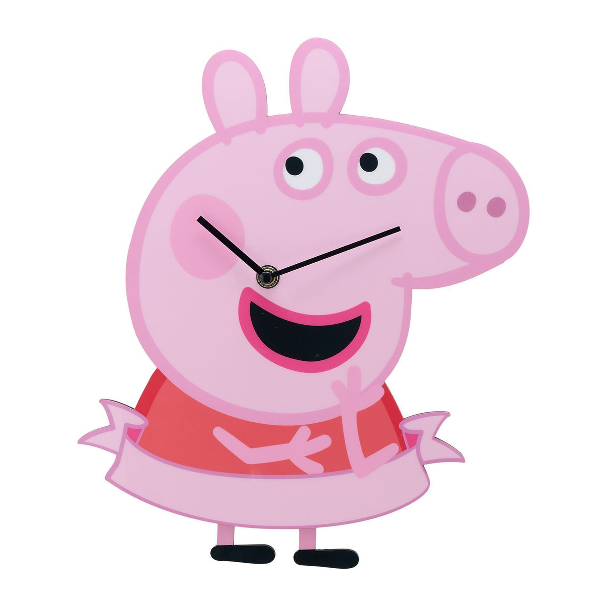 Pink cartoon pig character clock with a red dress on a white background