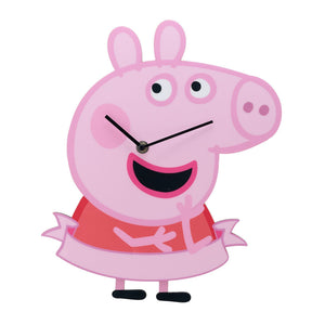 Pink cartoon pig character clock with a red dress on a white background