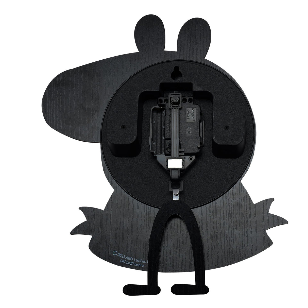 Rear view of black wooden Peppa Pig pendulum wall clock showing internal mechanism, battery compartment and swinging pendulum legs, copyright ABD Ltd and Hasbro